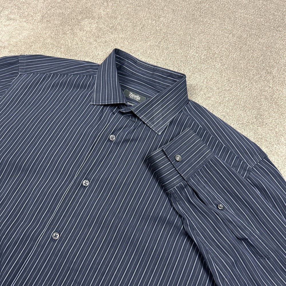 Zanella Dress Shirt Mens 17 36/37 Button Up Blue Striped Casual Business Cotton